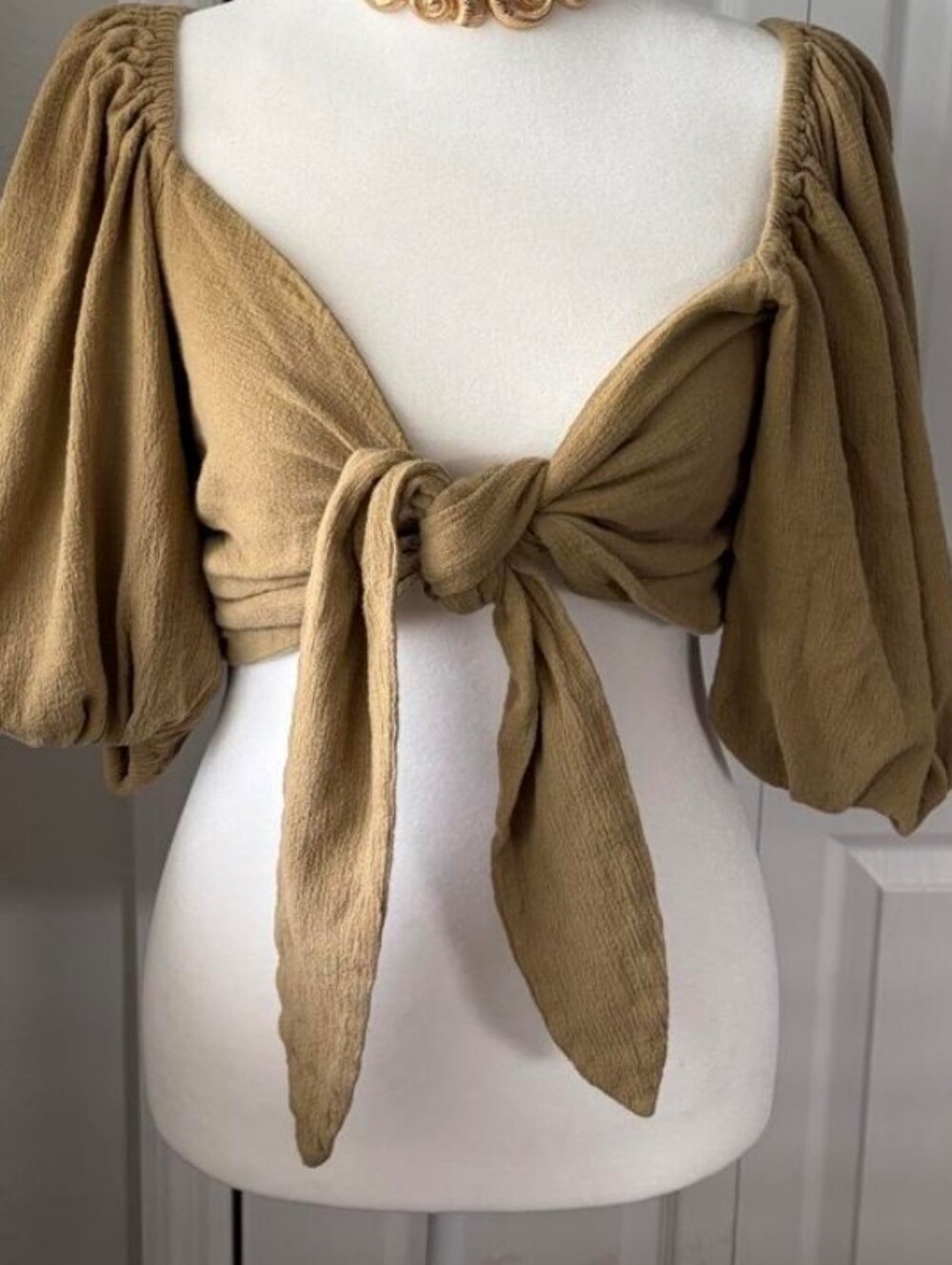 Jen's Pirate Booty For Free People Off White Wrap Tie Crop Top Puff Sleeves S - Picture 4 of 4